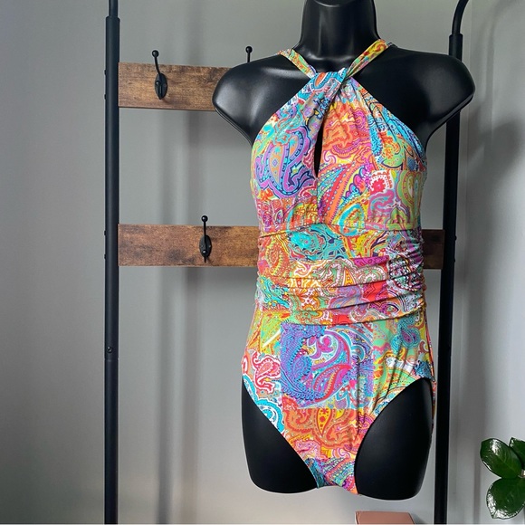 Bleu Rod Beattie Bohemian Paradise paisley High Neck Mio full coverage swimsuit - Picture 2 of 6